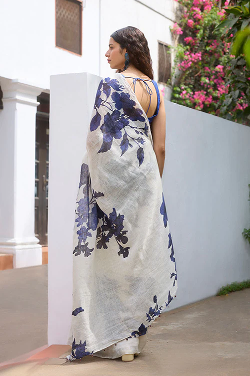 Dressfolk Floral Blues Linen Saree - Image 5