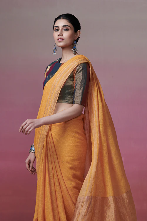 Dressfolk Golden Glow Linen Saree - Image 4