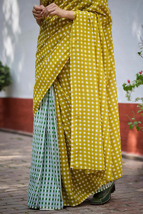 Dressfolk Grid play Bengal Cotton Saree - Image 2