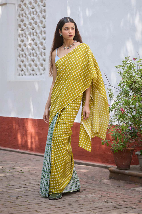 Dressfolk Grid play Bengal Cotton Saree - Image 3