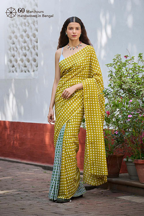 Dressfolk Grid play Bengal Cotton Saree - Image 4