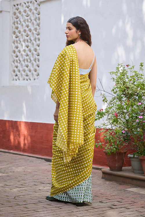 Dressfolk Grid play Bengal Cotton Saree - Image 5