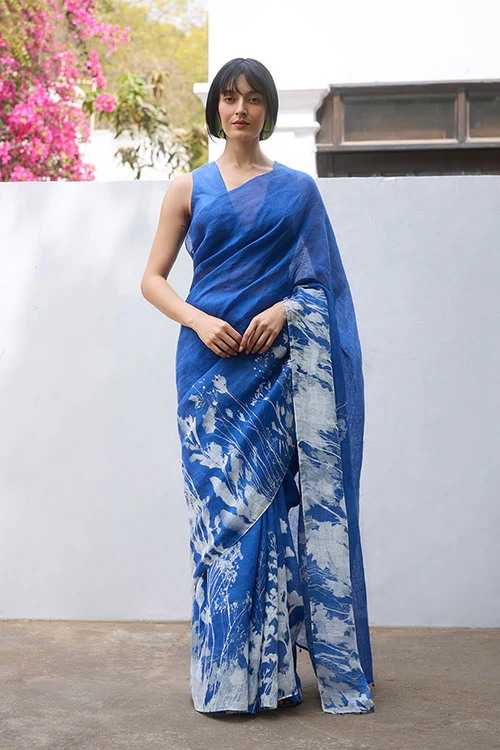 Dressfolk Indigo Blossom Linen Saree - Image 2