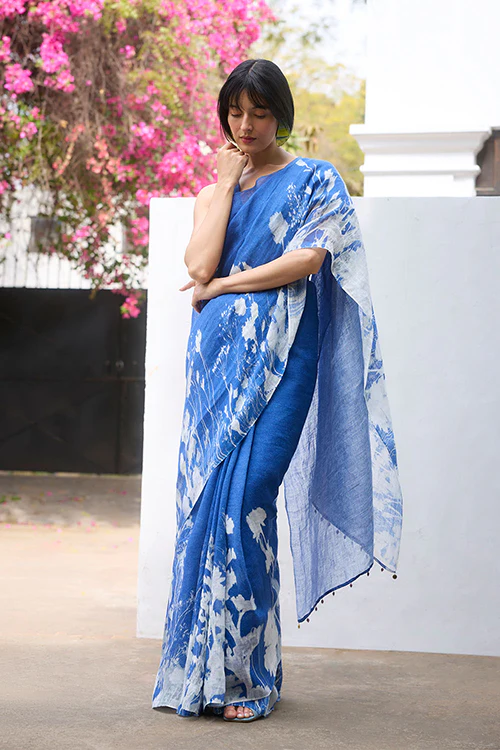 Dressfolk Indigo Blossom Linen Saree - Image 3