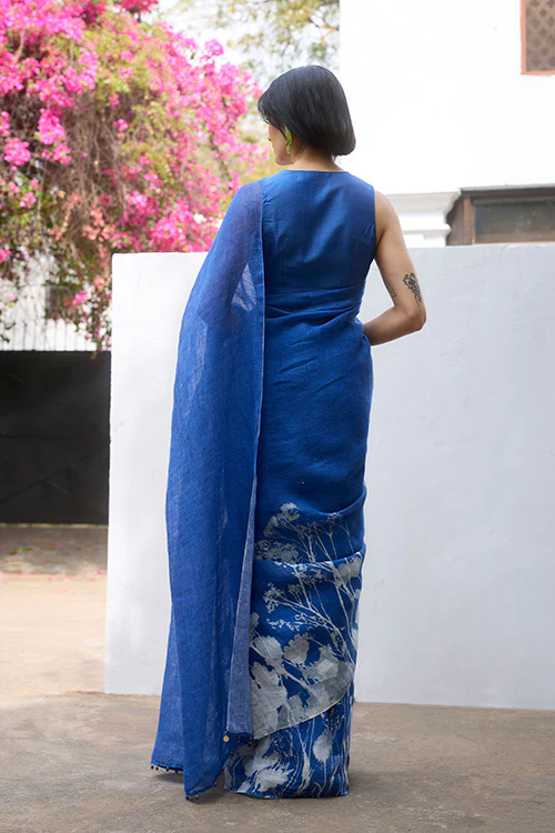 Dressfolk Indigo Blossom Linen Saree - Image 4