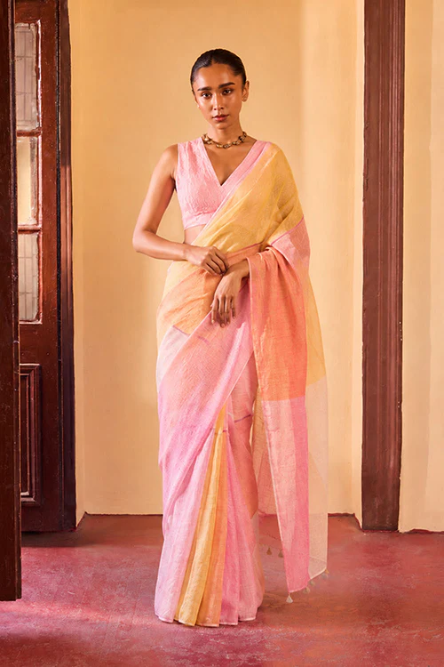 Dressfolk Sunset Hues Linen Saree - Image 4