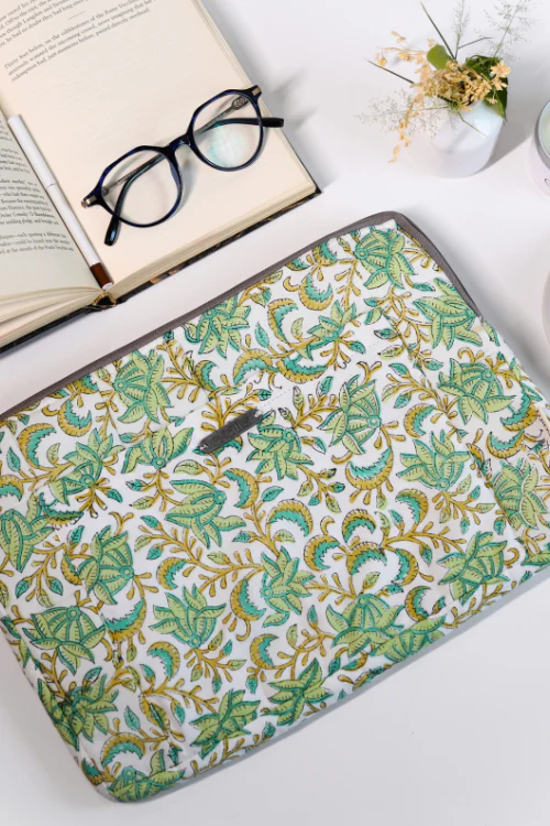 Ekatra Green Floral Sustainable Handmade Cotton Laptop Sleeve/Laptop Cover - Image 2