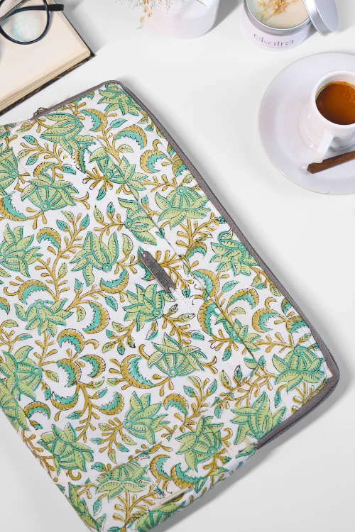 Ekatra Green Floral Sustainable Handmade Cotton Laptop Sleeve/Laptop Cover - Image 5