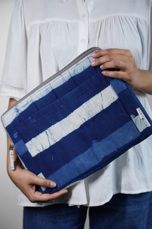 Ekatra Indigo Stripes Sustainable Handmade Cotton Laptop Sleeve/Laptop Cover - Image 2