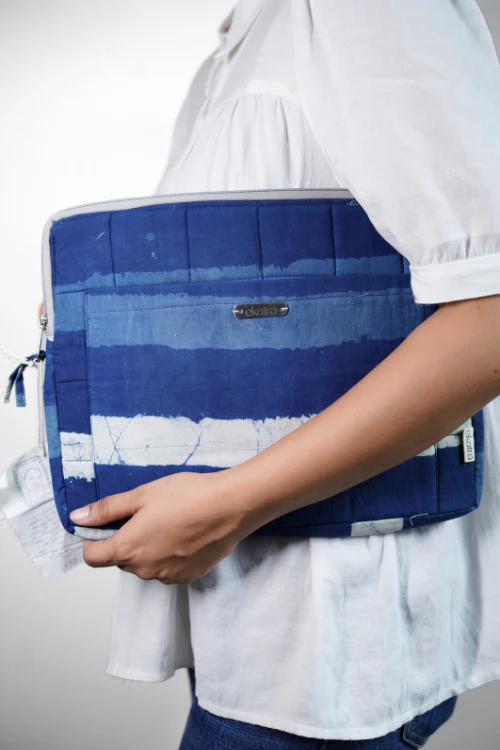 Ekatra Indigo Stripes Sustainable Handmade Cotton Laptop Sleeve/Laptop Cover - Image 8