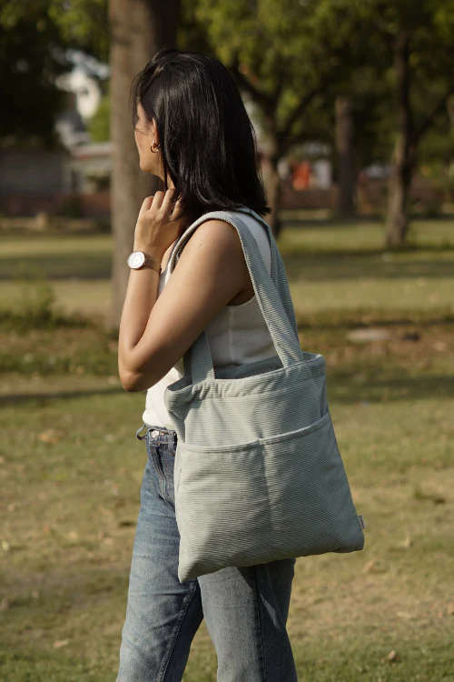 Ekatra Minimalist Corduroy Day Tote - Sage - Image 2