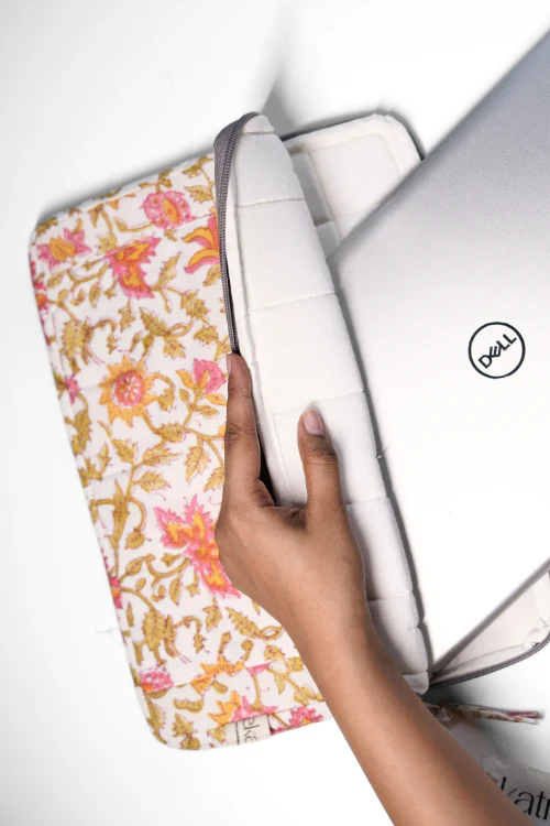 Ekatra Pink Floral Sustainable Handmade Cotton Laptop Sleeve/Laptop Cover - Image 2