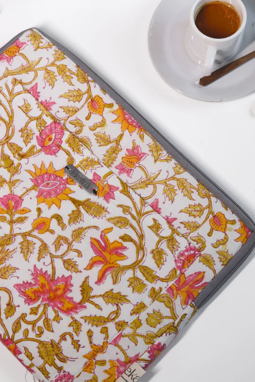 Ekatra Pink Floral Sustainable Handmade Cotton Laptop Sleeve/Laptop Cover - Image 3