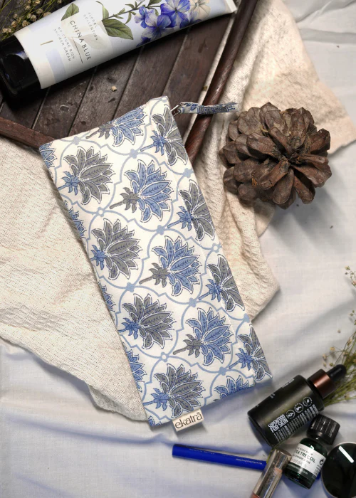 Ekatra Sustainable Cotton Travel Pouch/Organizer( Small Pouch ) - Blue Lotus ( Set Of 3 ) - Image 2