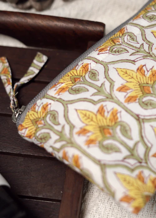 Ekatra Sustainable Cotton Travel Pouch/Organizer( Small Pouch ) - Yellow Floral ( Set Of 3 ) - Image 2