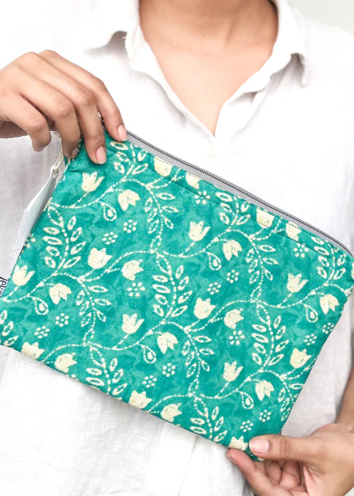 Ekatra Teal Floral Cotton Travel Pouch/Organizer ( Set Of 2 ) - Image 2