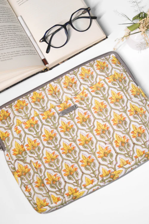Ekatra Yellow Motif Sustainable Handmade Cotton Laptop Sleeve/Laptop Cover - Image 2
