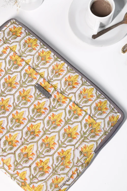 Ekatra Yellow Motif Sustainable Handmade Cotton Laptop Sleeve/Laptop Cover - Image 3