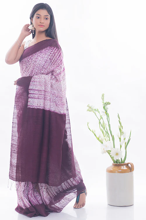 TICH Elegant Bengal Handwoven Matka Silk Shibori Saree - Burgundy & White - Image 3