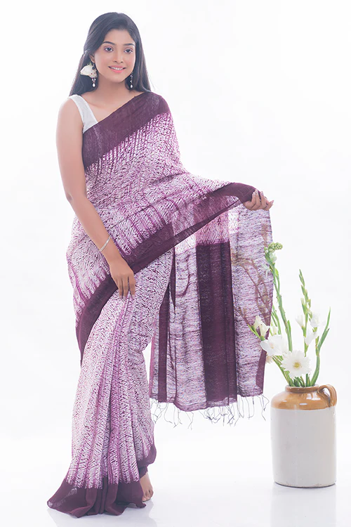TICH Elegant Bengal Handwoven Matka Silk Shibori Saree - Burgundy & White - Image 4