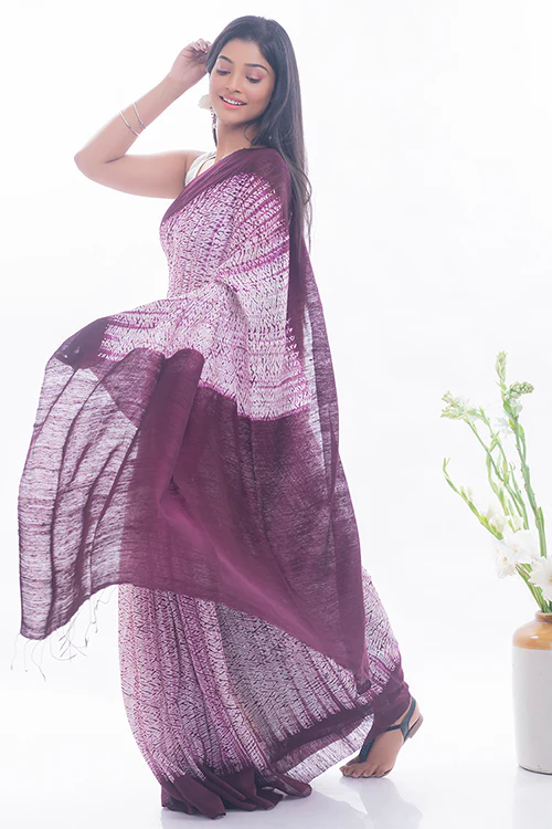 TICH Elegant Bengal Handwoven Matka Silk Shibori Saree - Burgundy & White - Image 5