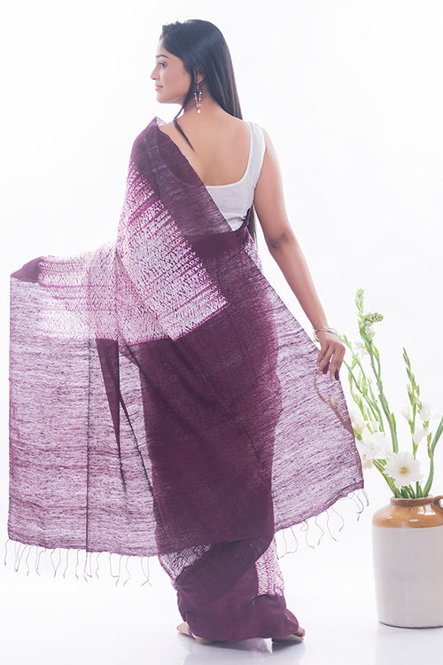 TICH Elegant Bengal Handwoven Matka Silk Shibori Saree - Burgundy & White - Image 8