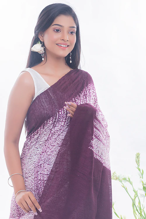 TICH Elegant Bengal Handwoven Matka Silk Shibori Saree - Burgundy & White - Image 9