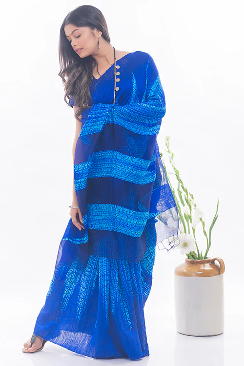 TICH Elegant Bengal Handwoven Matka Silk Shibori Saree - Royal Blue - Image 3