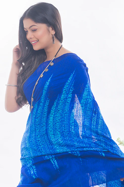 TICH Elegant Bengal Handwoven Matka Silk Shibori Saree - Royal Blue - Image 4