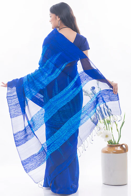 TICH Elegant Bengal Handwoven Matka Silk Shibori Saree - Royal Blue - Image 6