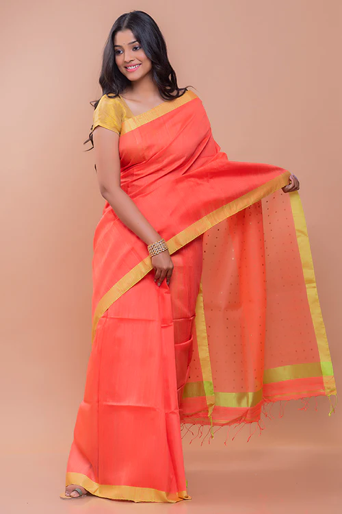 TICH Elegant Resham Matka  Bengal  Silk Saree - Peach & Lime - Image 3