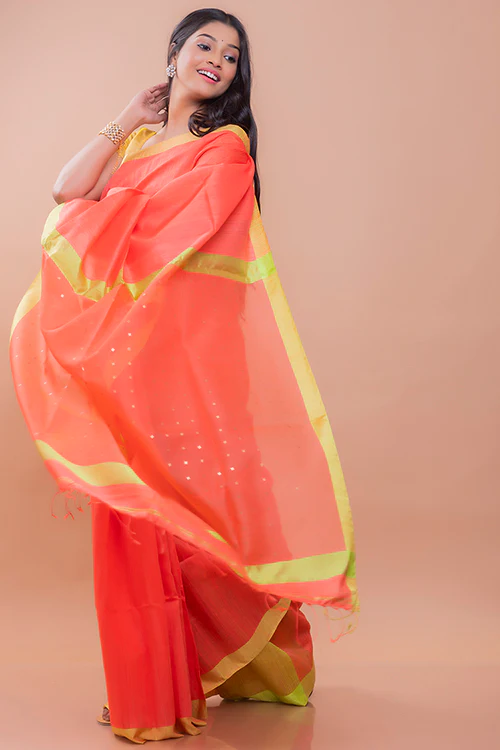 TICH Elegant Resham Matka  Bengal  Silk Saree - Peach & Lime - Image 4