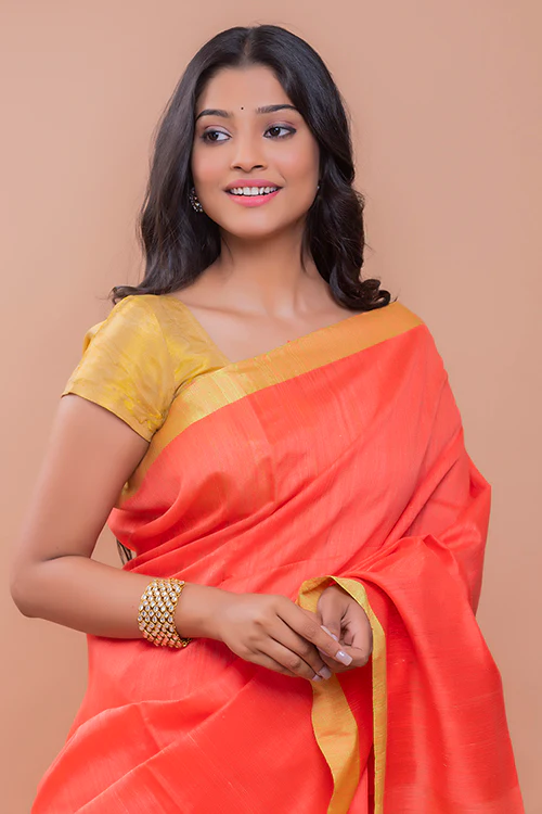 TICH Elegant Resham Matka  Bengal  Silk Saree - Peach & Lime - Image 5
