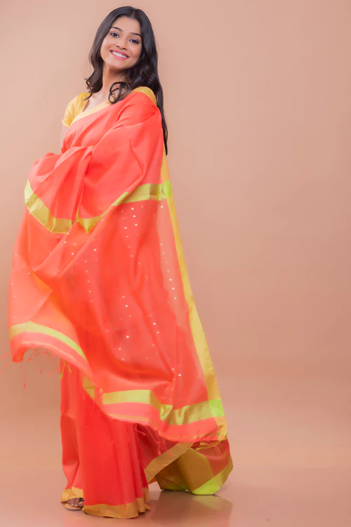 TICH Elegant Resham Matka  Bengal  Silk Saree - Peach & Lime - Image 6
