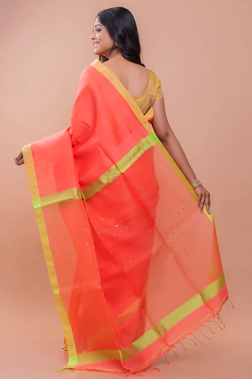 TICH Elegant Resham Matka  Bengal  Silk Saree - Peach & Lime - Image 7
