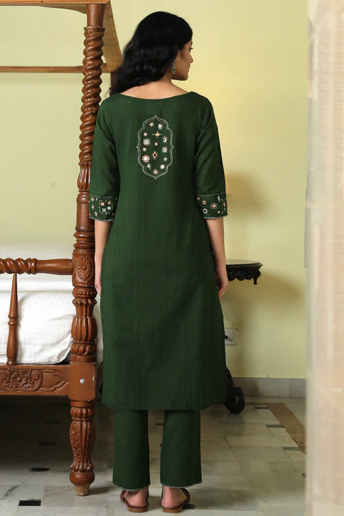 Okhai 'Eucalyptus Garden' Pure Cotton Hand Embroidered Mirror Work Kurta Pant Set - Image 3