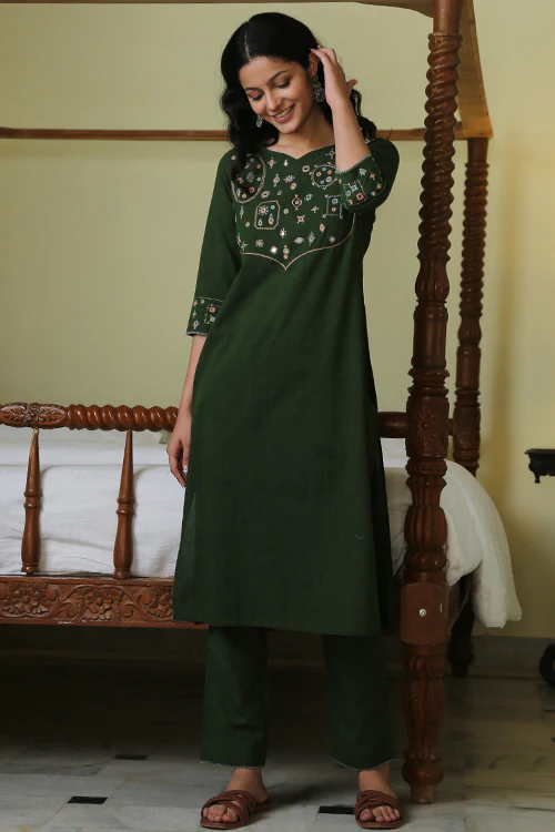Okhai 'Eucalyptus Garden' Pure Cotton Hand Embroidered Mirror Work Kurta Pant Set - Image 6