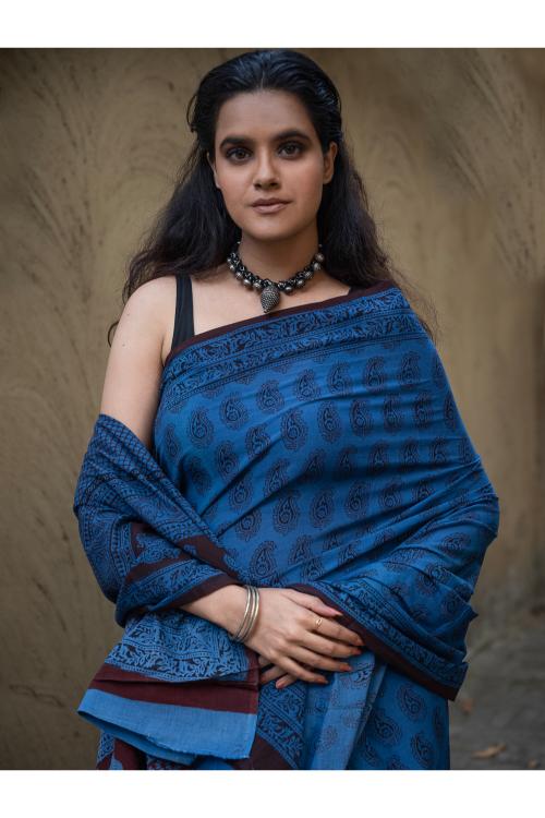 TICH Exclusive Bagh Hand Block Printed Cotton Saree - Blue Paisleys - Image 2