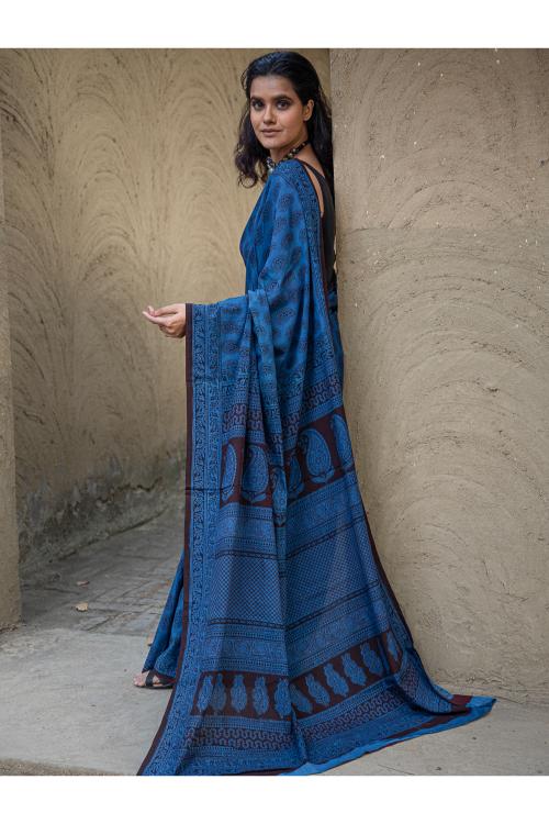 TICH Exclusive Bagh Hand Block Printed Cotton Saree - Blue Paisleys - Image 3