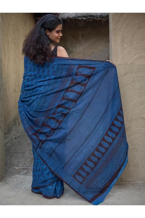 TICH Exclusive Bagh Hand Block Printed Cotton Saree - Blue Paisleys - Image 4