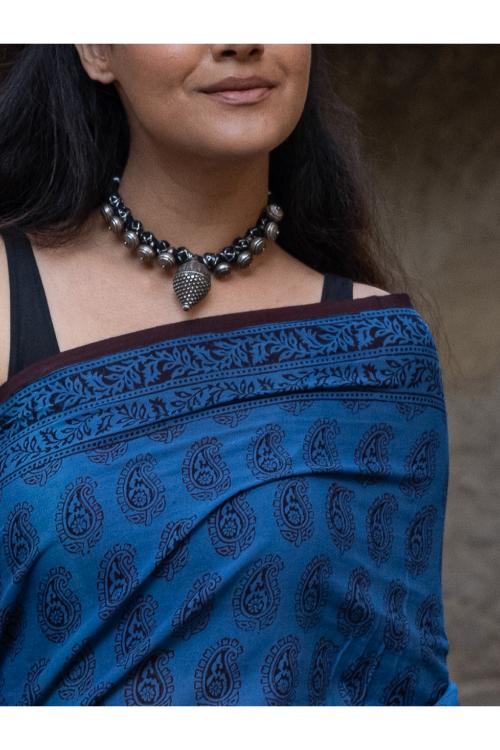 TICH Exclusive Bagh Hand Block Printed Cotton Saree - Blue Paisleys - Image 6