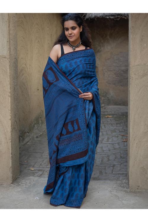 TICH Exclusive Bagh Hand Block Printed Cotton Saree - Blue Paisleys - Image 8