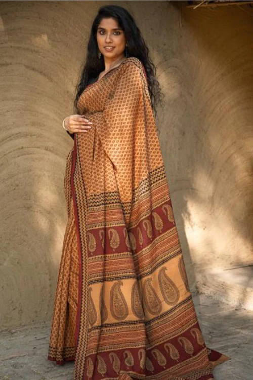 TICH Exclusive Bagh Hand Block Printed Cotton Saree - Buds