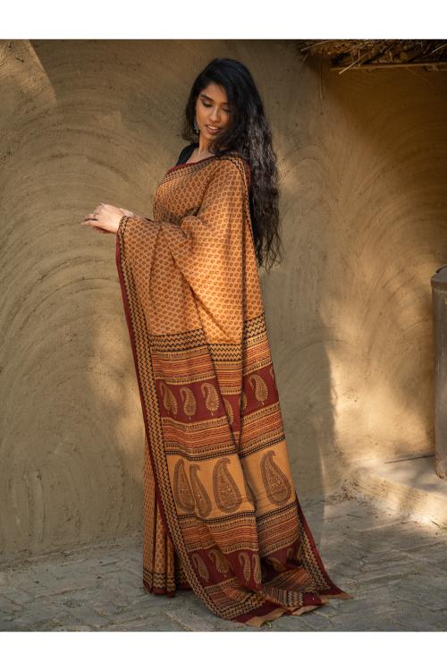 TICH Exclusive Bagh Hand Block Printed Cotton Saree - Buds - Image 3