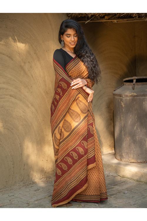 TICH Exclusive Bagh Hand Block Printed Cotton Saree - Buds - Image 7