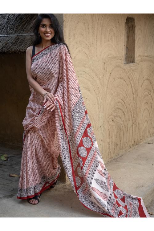 TICH Exclusive Bagh Hand Block Printed Cotton Saree - Geometrics - Image 3