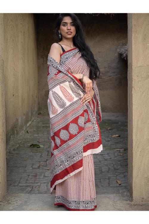 TICH Exclusive Bagh Hand Block Printed Cotton Saree - Geometrics - Image 6