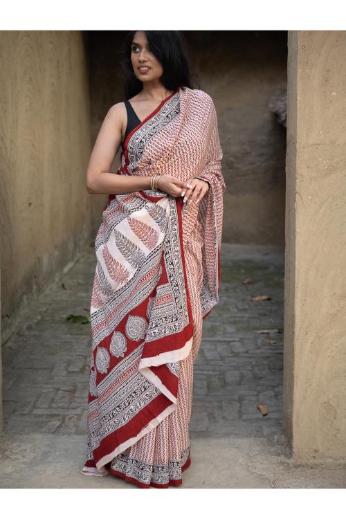 TICH Exclusive Bagh Hand Block Printed Cotton Saree - Geometrics - Image 7