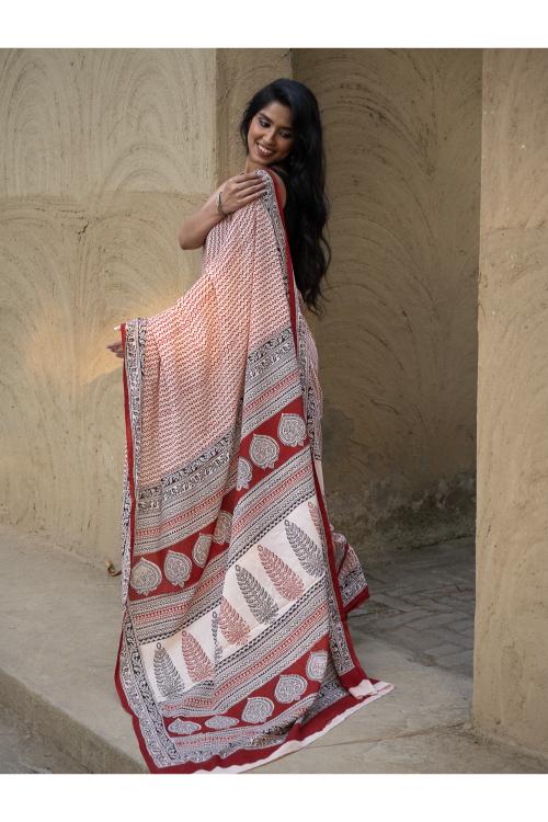 TICH Exclusive Bagh Hand Block Printed Cotton Saree - Geometrics - Image 8