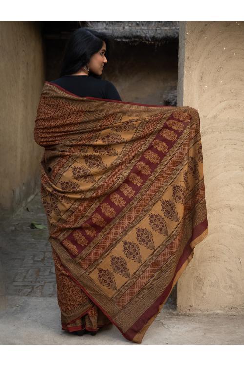 TICH Exclusive Bagh Hand Block Printed Cotton Saree - Intricate Paisleys - Image 3
